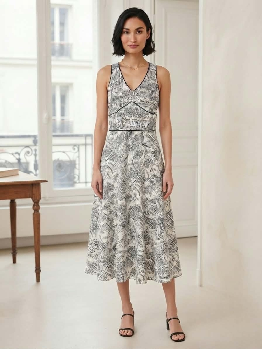 LOFT Black & White V-Neck Printed Midi Dress